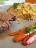 Tapabarriga con puré de camote y verduras salteadas