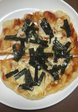 A picture of Raw Salmon Pizza with Cheese and Nori.