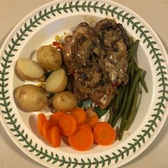 A picture of Pork steaks in mushroom, garlic, shallot and crème fraîche sauce.