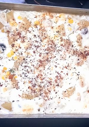 A picture of Pineapple cheese pasta (Baked dish).