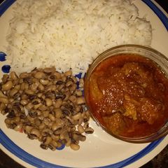 White rice beans and stew A picture of White rice beans and stew.