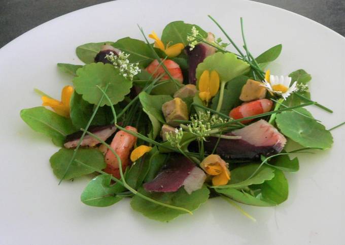 Salade terre-mer aux jeunes pousses et herbes sauvages