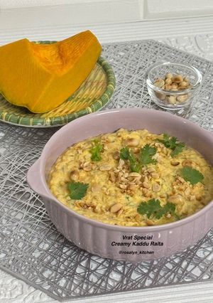 A picture of Vrat Special Creamy Kaddu Raita | Red Pumpkin Raita with Cumin-Chilli Tempering.