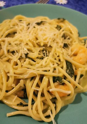 Spenótos, garnélás spagetti recept fotója