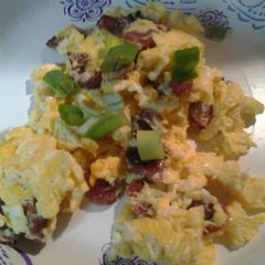 A picture of Chinese style sausage and eggs.