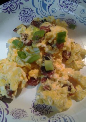 A picture of Chinese style sausage and eggs.
