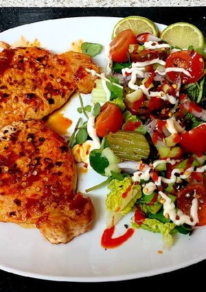 A picture of My Marinated Chilli pork loin steaks with Red Pepper.#Mainmeal.