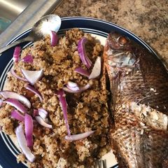 A picture of Quinoa and grilled fish.