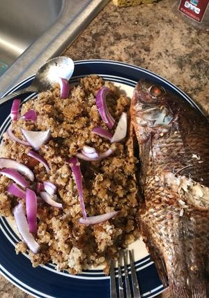A picture of Quinoa and grilled fish.