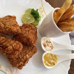 A picture of Fish and Chips with honey mustard sauce 💕💕💕.