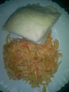 A picture of Fried cabbage and ugali.