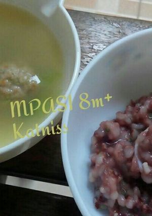 Foto resep Nasi Merah Brokoli Kaldu + Bakso Keju Ayam Sayur (MPASI 8m+)