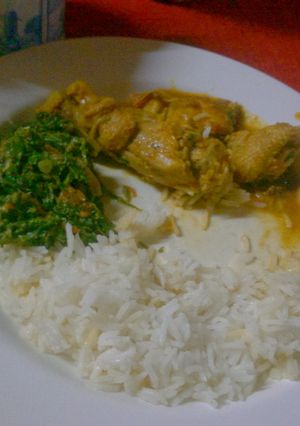 A picture of Stewed  chicken served  with rice and greens.