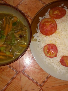 A picture of Beef gravy sauce with white rice.