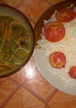 A picture of Beef gravy sauce with white rice.