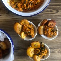 Nigerian Breakfast Scrambled Wara (tofu) in Obe-Ata w/ Plantain A picture of Nigerian Breakfast Scrambled Wara (tofu) in Obe-Ata w/ Plantain.