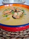 Crema de lentejas rojas con mejillones en escabeche