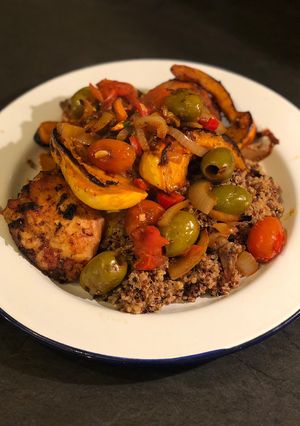 A picture of Moroccan chicken and pumpkin with quinoa.