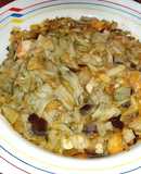 Pencas con pisto de berenjenas y gambas