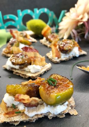 A picture of Bruschetta with Caramelized Figs, Chili, and Bacon.