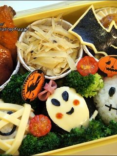 木乃伊、幽靈、骷髏、蝙蝠萬聖派對造型便當 的食譜成品照片