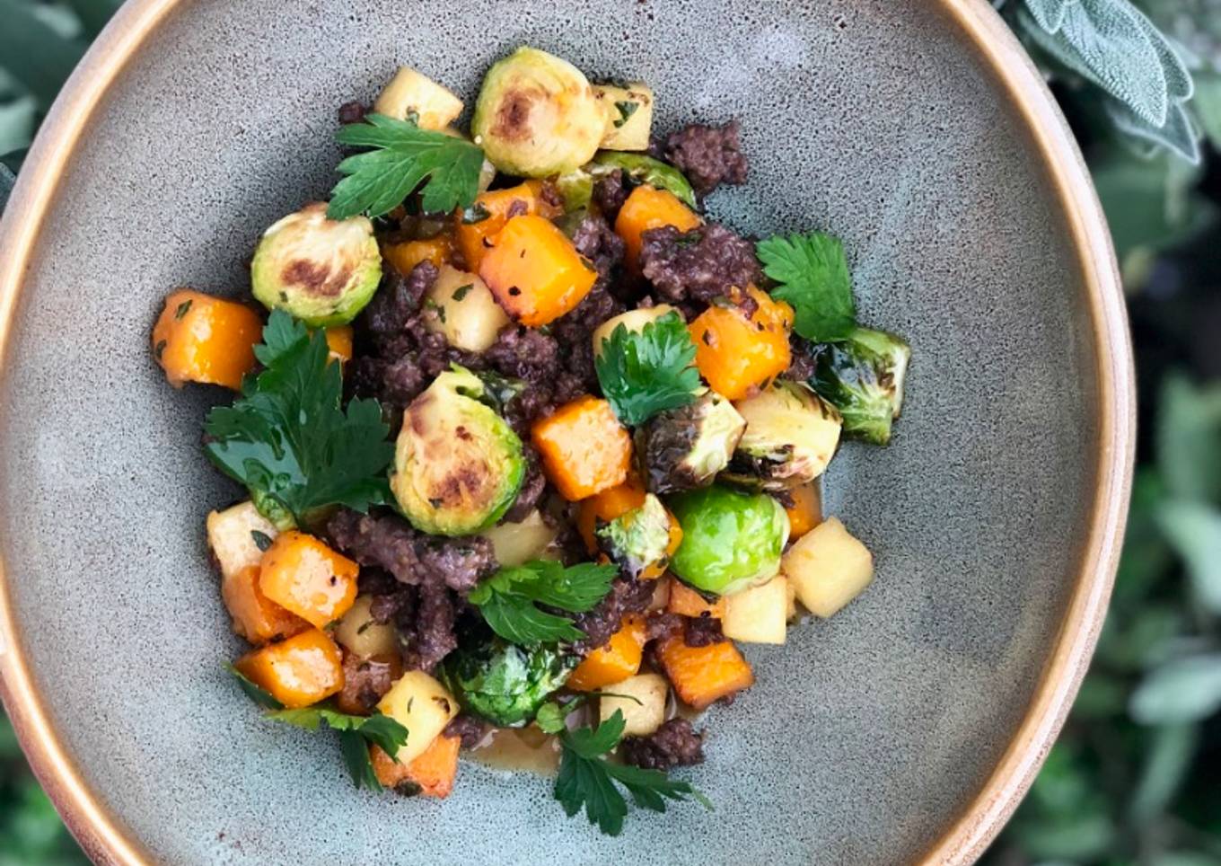 Wagyu Bratwurst and Butternut Squash Hash