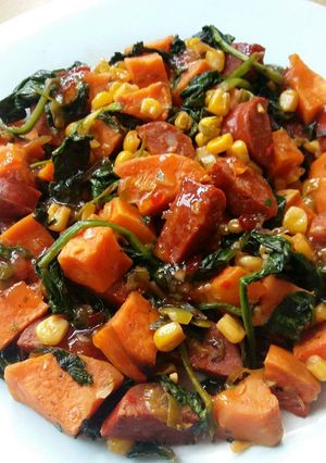A picture of Vickys Chorizo and Sweet Potato Hash, GF DF EF SF NF.