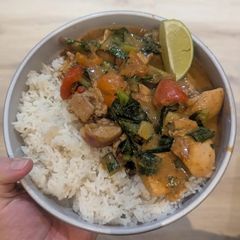 A picture of Chicken Massaman Curry with Jasmine Rice.