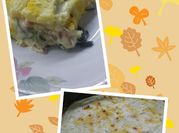 Una foto de pastel de papá y jamón y muzarella