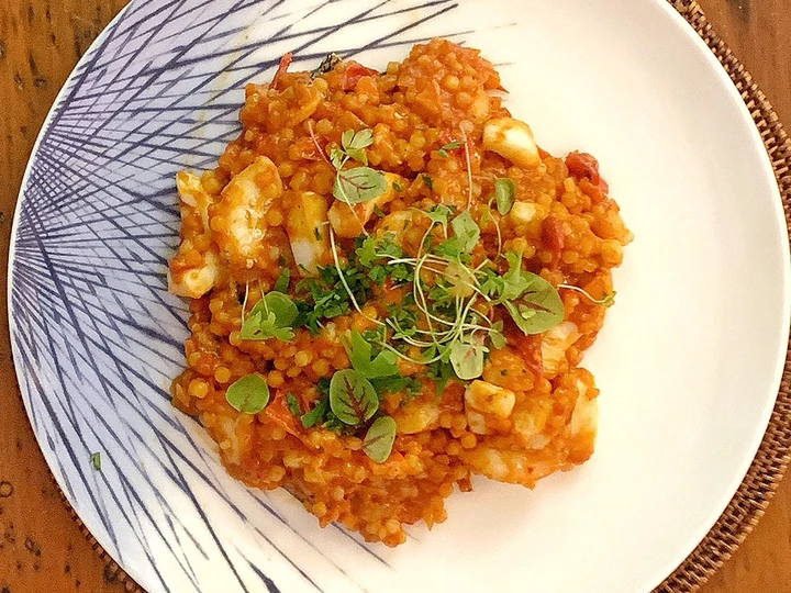 Easy Steps to Make Fregola sarda with prawns, squid, scallops, blue eye cod and light tomato sauce the So Delicious Really delicious