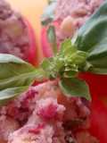 Tapas de tomate con paté de alubias Rojas, cilantro y albahaca enriquecidas con Agua de Mar