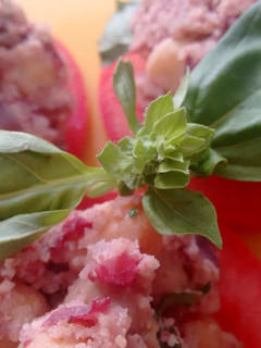 Una foto de Tapas de tomate con paté de alubias Rojas, cilantro y albahaca enriquecidas con Agua de Mar