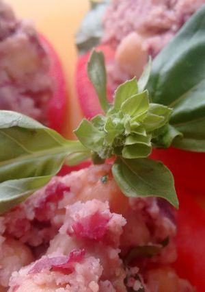 Foto principal de Tapas de tomate con paté de alubias Rojas, cilantro y albahaca enriquecidas con Agua de Mar