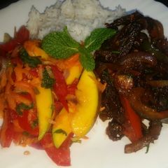 A picture of Thai Basil Beef, Rice n Salad.