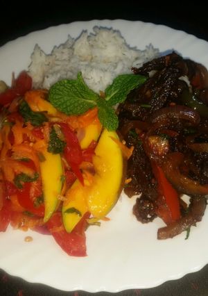 A picture of Thai Basil Beef, Rice n Salad.