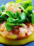Tartare di salmone fresco con insalatina al pompelmo rosa, su crema di mango