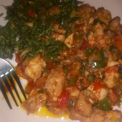 A picture of Spicy chicken and sauteed spinach #abjmom.