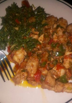 A picture of Spicy chicken and sauteed spinach #abjmom.