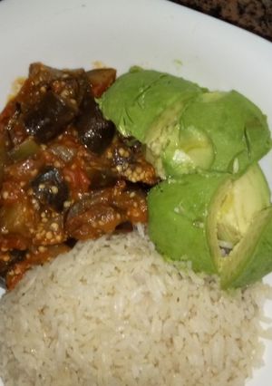 A picture of Rice eggplants curry and avocados #author marathon.