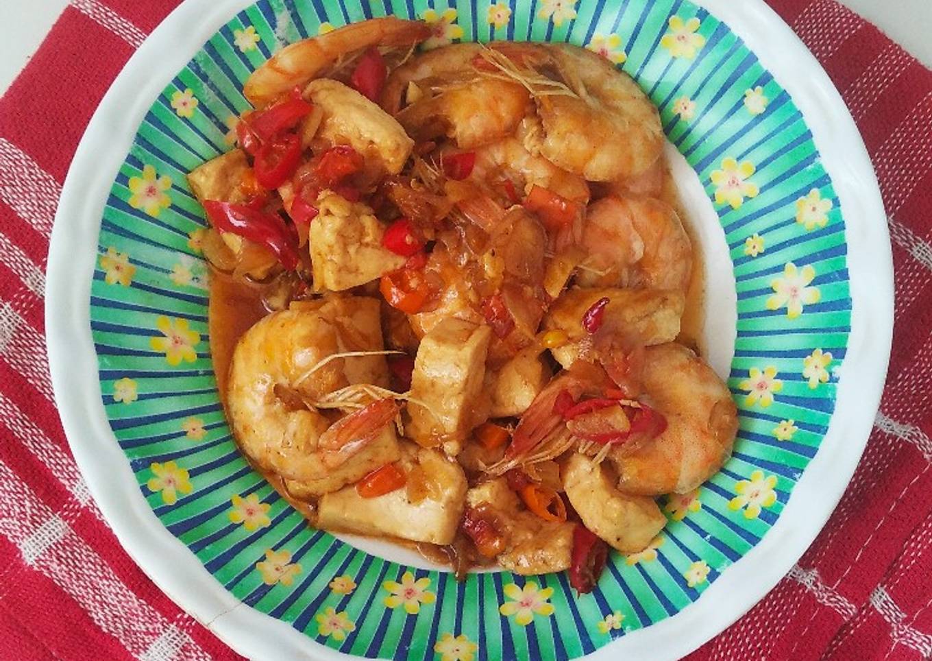 Tumis udang tahu saos tiram