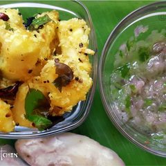 A picture of Tapioca stir fry with chilli chutney.