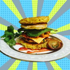A picture of Kimchi Ramen Burger.