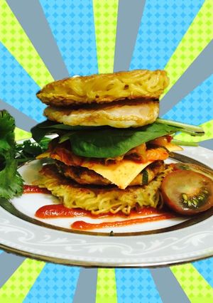 A picture of Kimchi Ramen Burger.