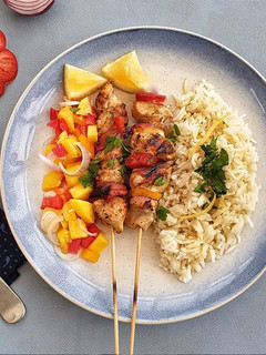A picture of Chicken Kebab with Lemon Rice and Mango and Pepper Salad #mysterybag1.
