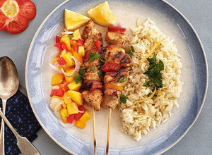 A picture of Chicken Kebab with Lemon Rice and Mango and Pepper Salad #mysterybag1.