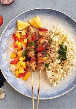 A picture of Chicken Kebab with Lemon Rice and Mango and Pepper Salad #mysterybag1.