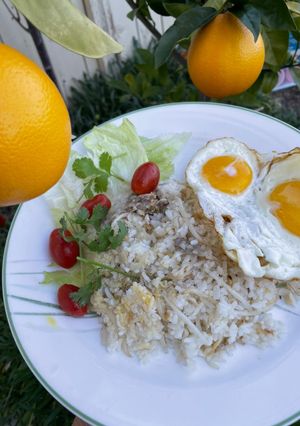 A picture of Garlic Fried Rice with Sunny-Side-Up Eggs.