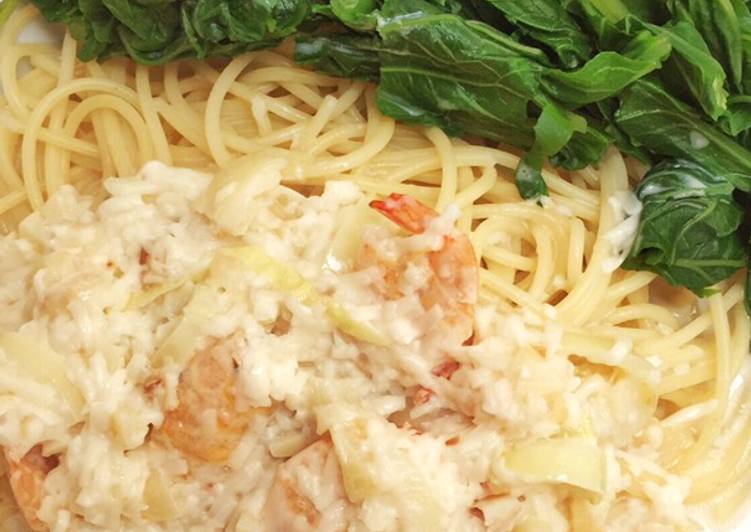 Spaghetti Shrimp Carbonara w/ Vegetable Mustard