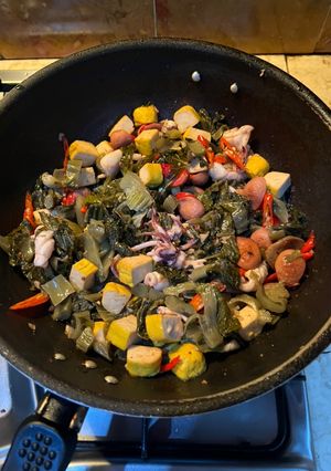 Foto resep Sawi Asin Tahu Cumi Sosis