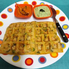 A picture of Dosa Waffles With 2 Types Of Chutney ---- Spicy 🔥 Tomato 🍅 Onion 🧅 Chutney & Coconut 🥥 Chutney.